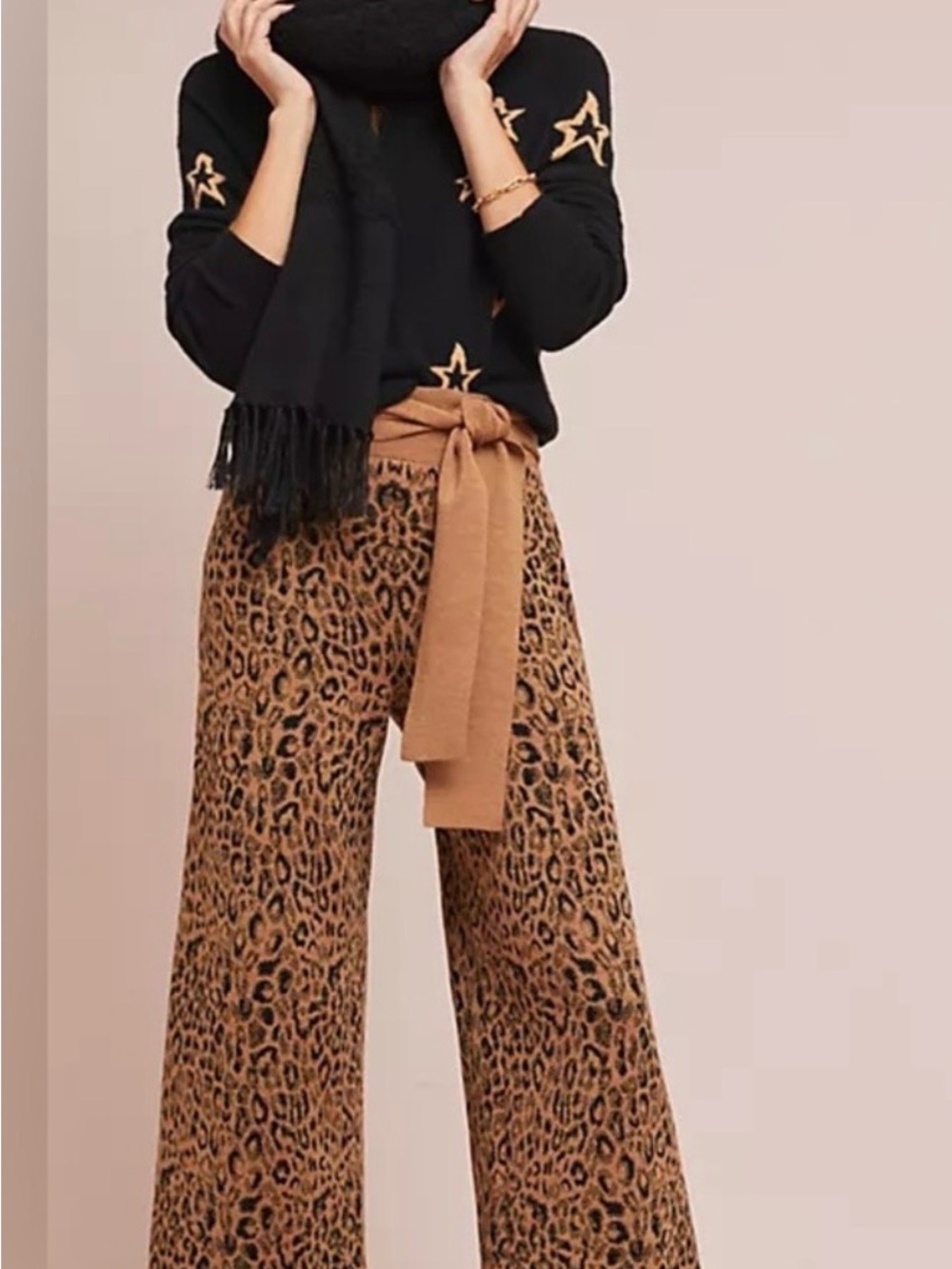 MOTH by Anthropologie Leopard Print Knit Tie-Waist Crop Pants - Camel Black